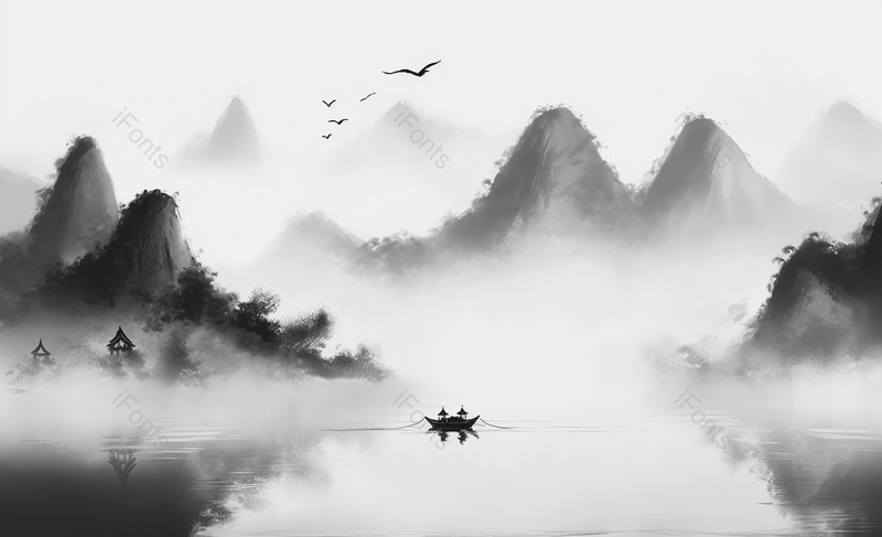 群山船上小亭黑色水墨画中国风背景,插画/手绘图,插画/手绘图库,插画/手绘图下载,插画/手绘